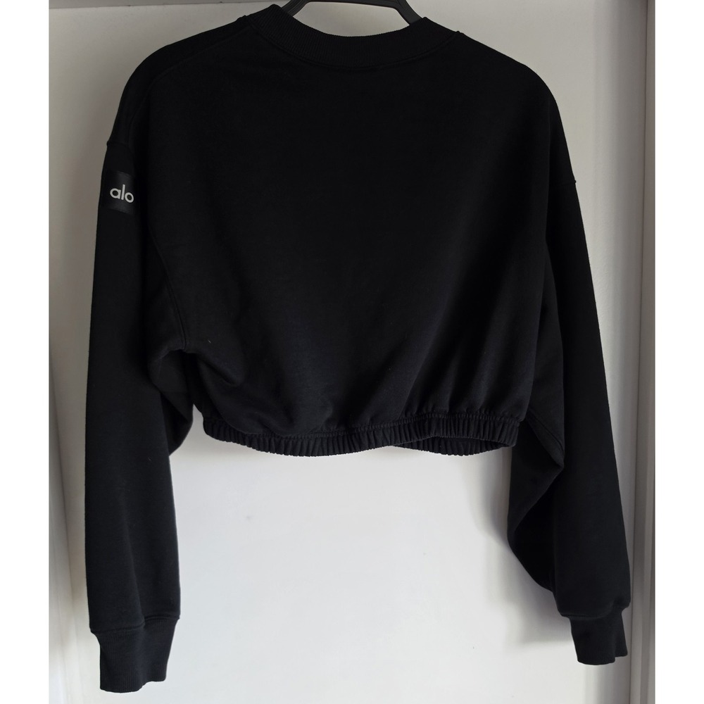 Alo Yoga Cropped Sweatshirt Women M Black Long Sleeve Pullover Athleisure - Picture 2 of 6